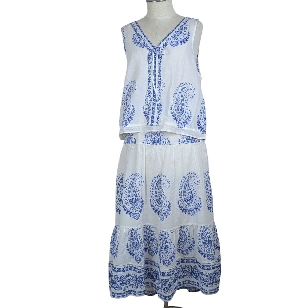 Lucky Brand Sleeveless Top Midi Skirt Set Cotton Paisley Print White Blue XL NWT